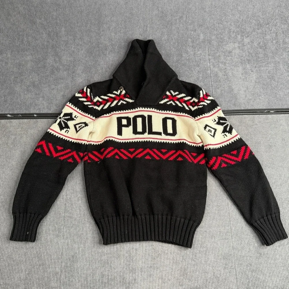 Polo Ralph Lauren Kids Shawl Neck Sweater Size 7 Black Red White Fair Isle Knit